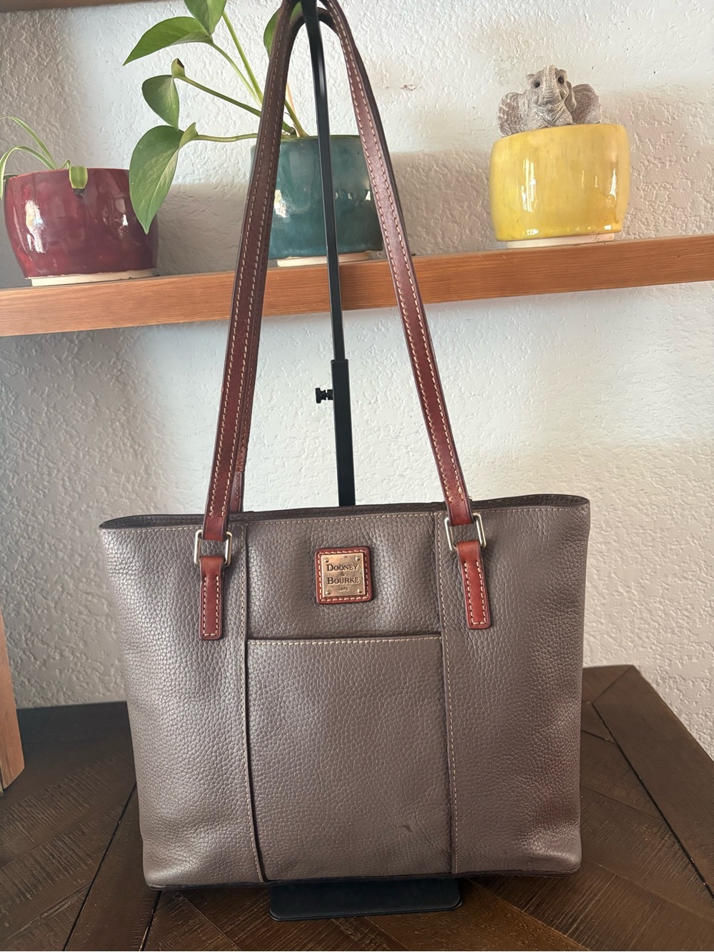 Dooney & Bourke Taupe Pebbled Leather Shoulder Bag with Brown Straps